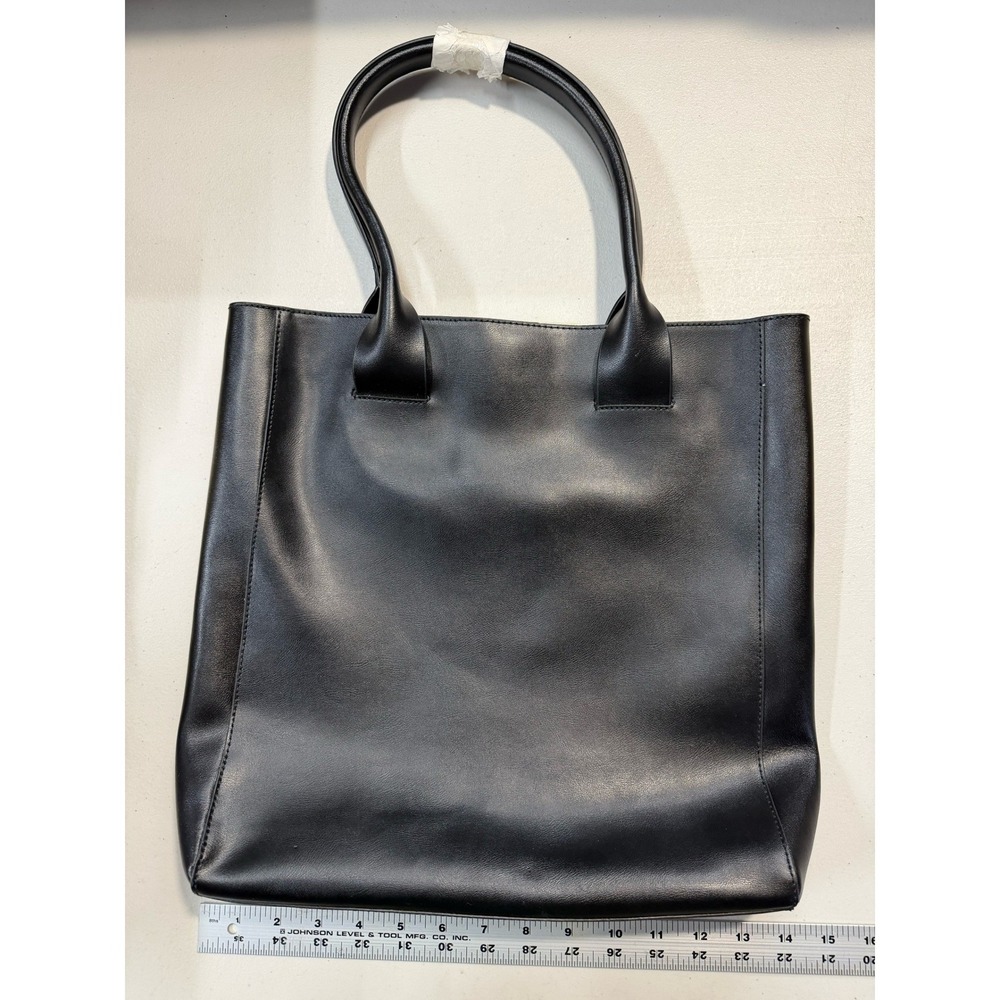 BCBGMAXAZRIA Black Faux Leather Tote Bag Gold Minimalist North South NEW